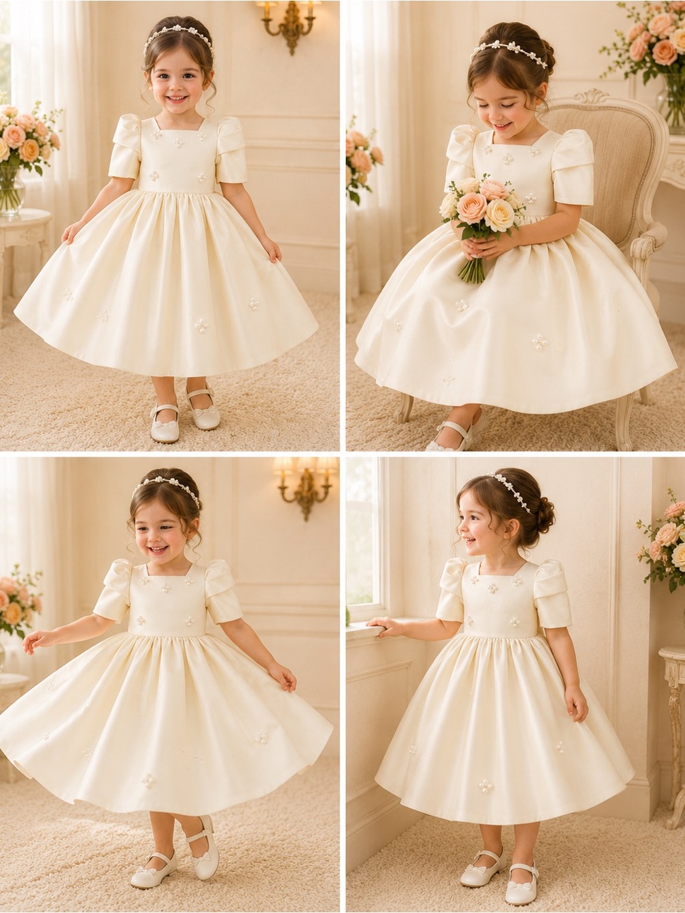 Filipiniana Girls Ivory Floral Accent Party Dress